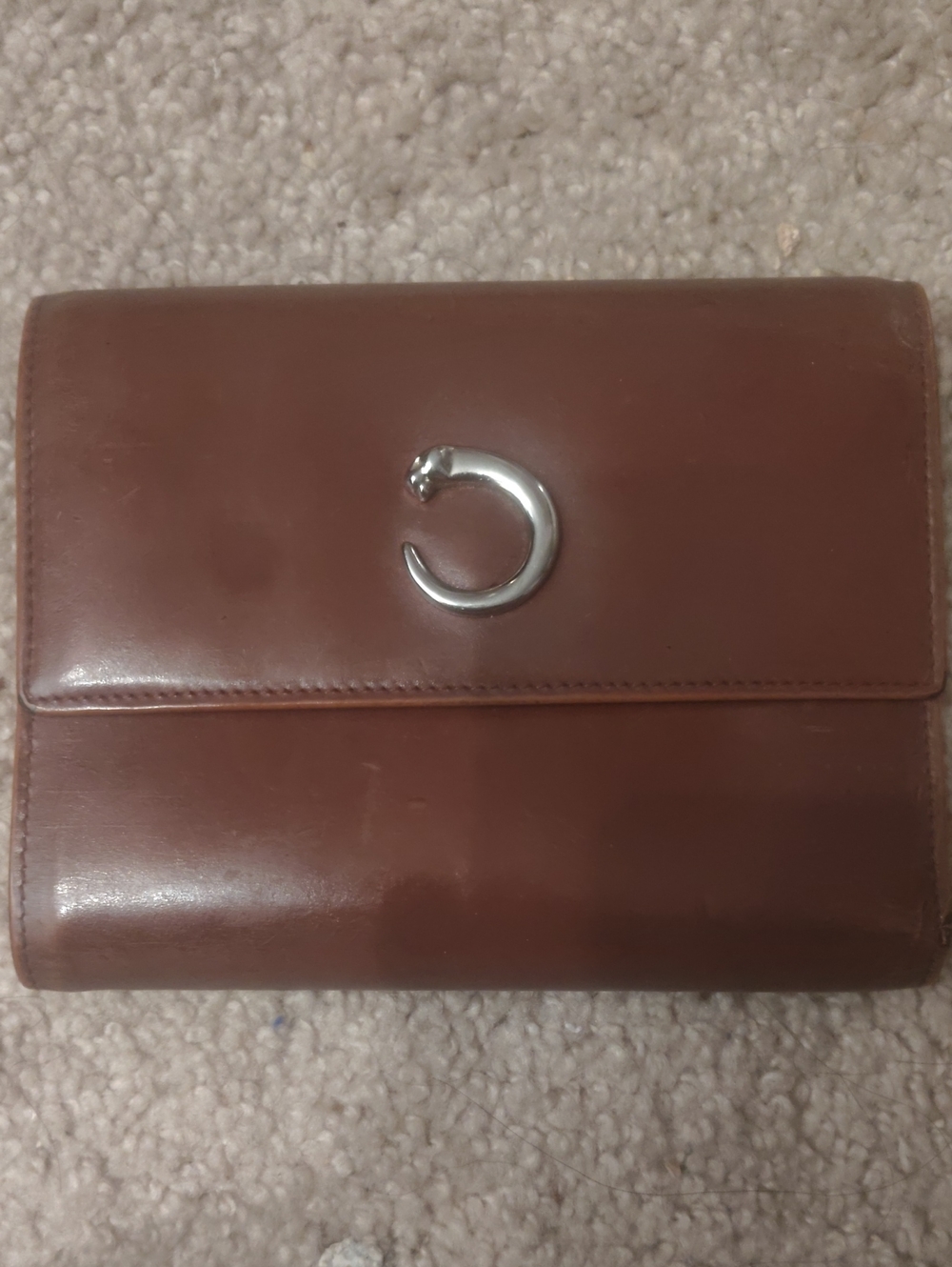 CARTIER Brown Panthere Trifold Wallet with silver tone hardware with Card